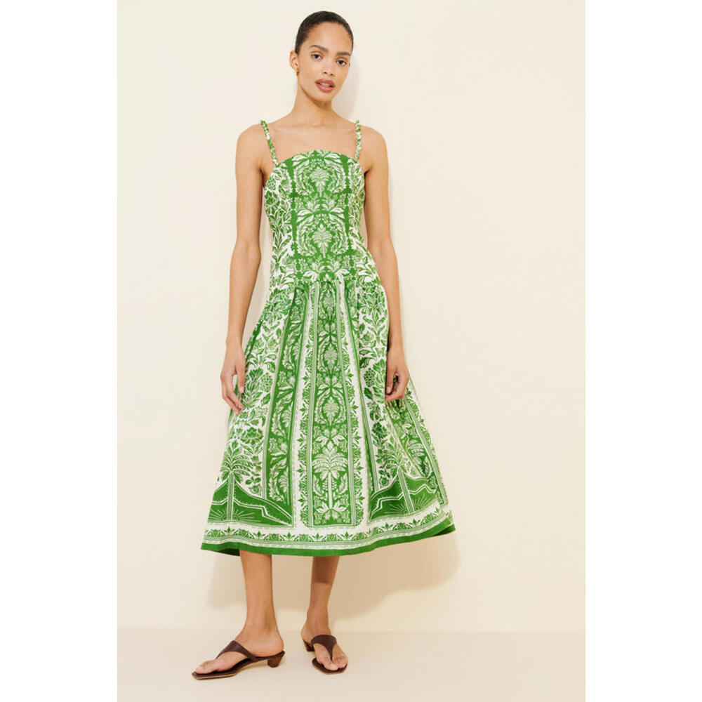 Farm Rio - Palermo Green & White Linen Floral Midi Dress, Bead Straps, Size M